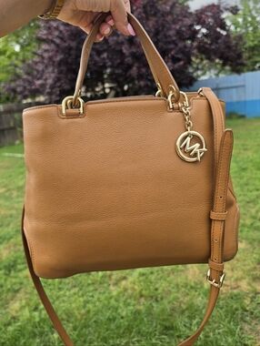 Michael Kors Camel/Tan Leather Satchel with Gold MK Charm